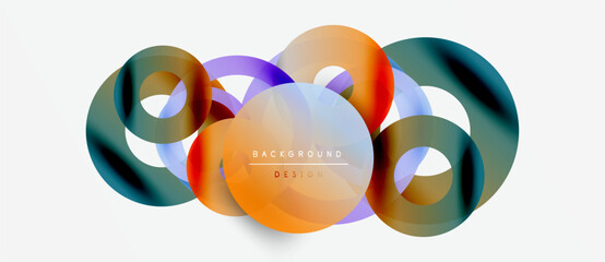 Abstract colorful overlapping shapes create dynamic visual. Modern design elements suggest fluidity, energy, innovation. Background features gradient hues.
