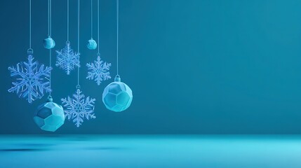 Minimalist Christmas composition with floating geometric snowflakes, neon-lit baubles, and a monochromatic blue backdrop. Clean modern design.