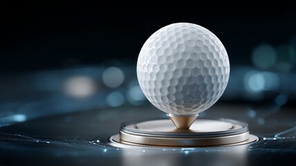 A white golf ball is sitting on a pedestal