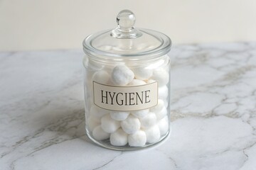 Glass jar filled with cotton balls labeled 'Hygiene' on a marble countertop background