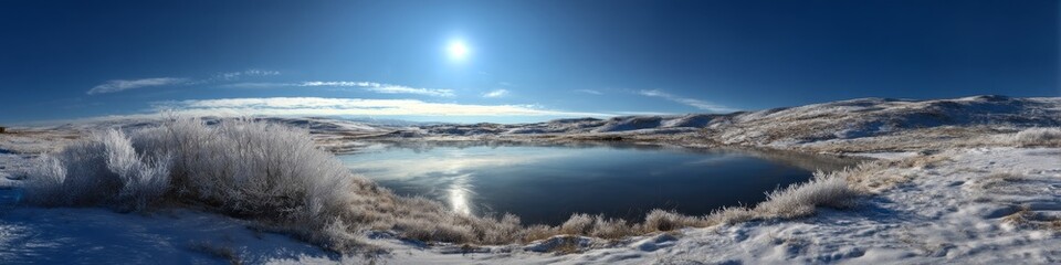 Fototapeta premium Hdr panoramic scene of a peaceful arctic landscape frozen lake 360-degree view tranquil environment