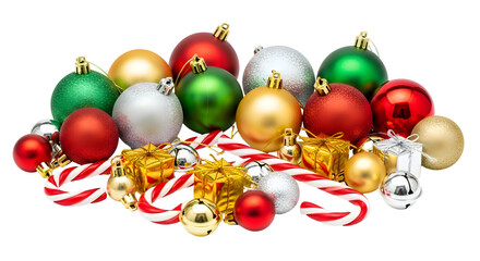 Festive Christmas ornaments, candy canes, and gift boxes create a holiday scene perfect for greeting cards or decorations
