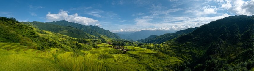 Fototapeta premium Hdr 360-degree panoramic view of peaceful rice terraces in nature landscape