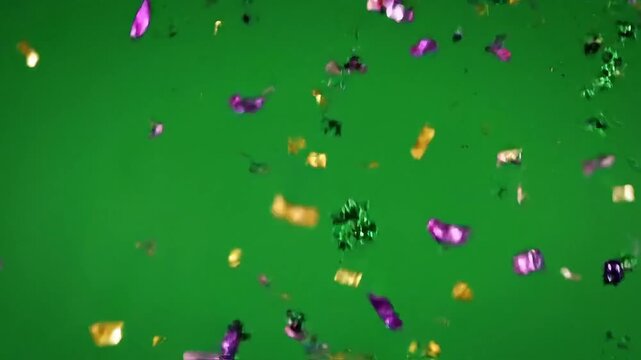 Celebrate Carnival with a hand holding shimmering purple, gold, and green Mardi Gras beads against a vibrant green screen.