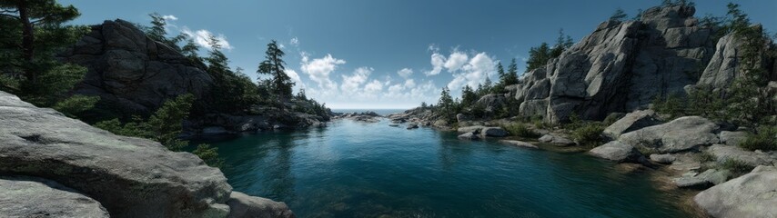 Stunning 360-degree hdr panoramic view of serene lake and rocky landscape