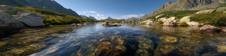 Hdr panoramic scene of pristine alpine landscape mountain stream nature 360-degree view