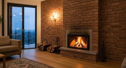 Cozy living room with brick fireplace