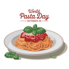 World Pasta Day poster vector illustration. Plate of spaghetti with tomato sauce, cheese and basil leaf icon vector. Pasta on a plate drawing. October 25 every year. 