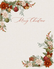 Vintage style Christmas card with green and red florals