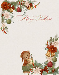 Vintage style Christmas card with teddy bear and green and red florals