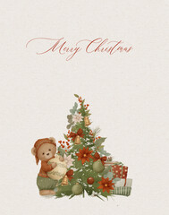 Vintage style Christmas card with teddy bear and green and red florals