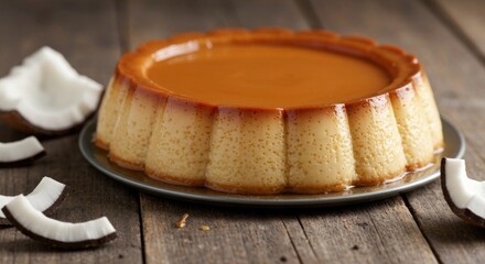 Creamy coconut flan on a dark wooden table