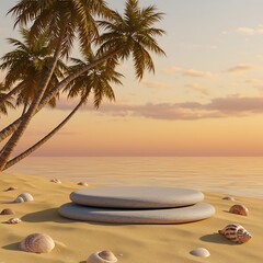 Obraz premium Two stone podiums on sandy beach with seashells and palm trees at sunset pedestal
