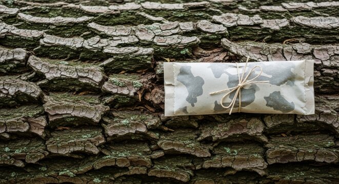 Barktexture background with a camouflagepatterned package tied with string centrally positioned