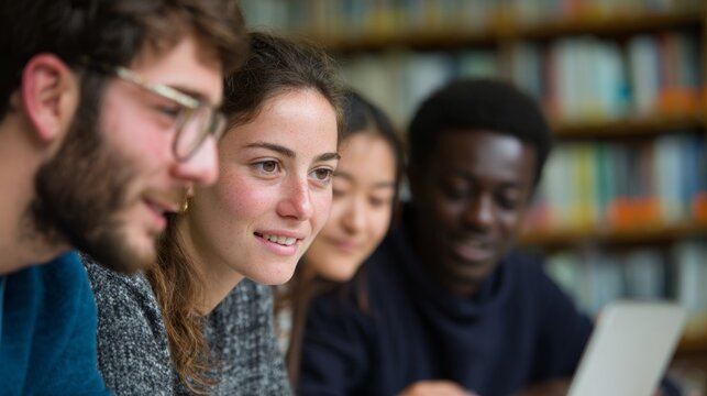 A group of people gathered around a table in a library or classroom setting, engaged in a discussion or study session.