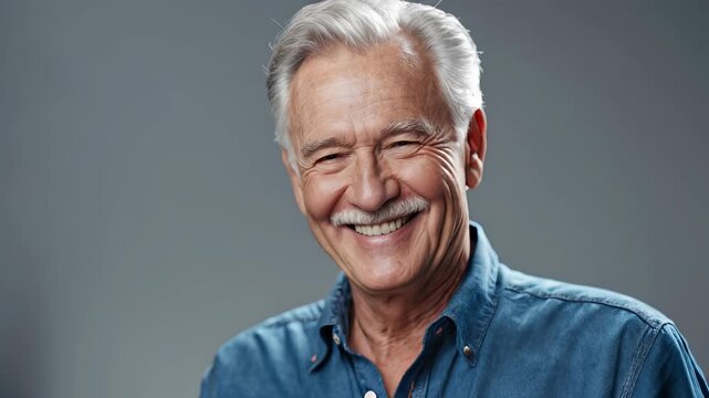 Smiling elderly man with gray hair in denim shirt poses against plain background