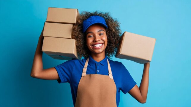 Woman carrying boxes on her shoulders.