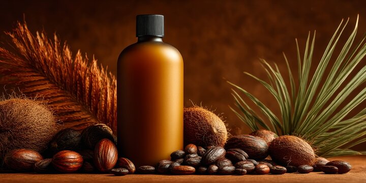 Brown bottle amid nuts dry leaves and a green plant set on a brown surface and backdrop