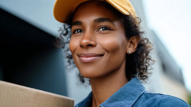 Woman, smiling, holding box, standing outdoors, wearing cap, jeans, shirt.