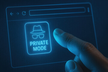 Encrypted network and private browsing private mode browsing encrypted network private browsing icon on touchscreen with finger activating incognito browser for secure anonymous internet use