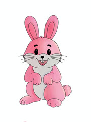 A smiling pink rabbit with large ears, rosy cheeks, and prominent whiskers