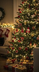 A fireplace with christmas decorations in a living room