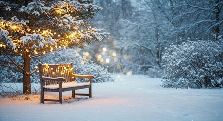 Bench in the park next to the Christmas tree under the falling snow in winter