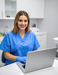 Friendly Female Healthcare Professional in Blue Scrubs Working on Laptop in a Modern Dental Office