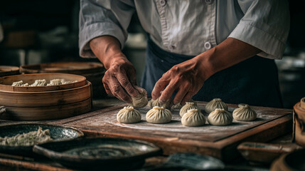 A chef preparing dumplings on a wooden board in a dimly lit kitchen environment indoors