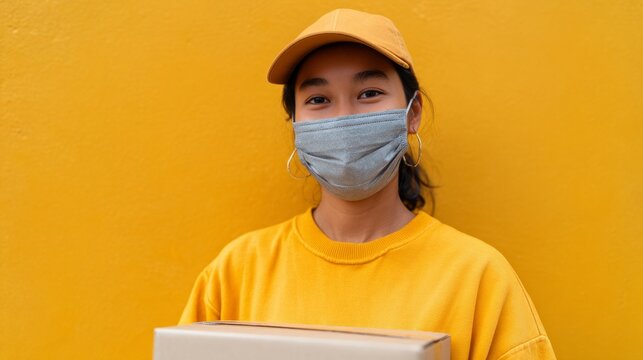 Woman wearing yellow shirt and face mask standing outdoors against yellow wall.