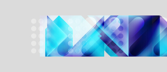 Abstract geometric shapes overlap, creating vibrant blue gradients. Circles accent composition, set against gray background. Modern design.