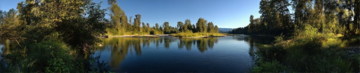 Serene river flowing hdr panoramic scene nature landscape 360-degree viewpoint