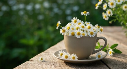 Daisies in a teacup on a wooden table, bathed in sunlight. Soft focus on flowers