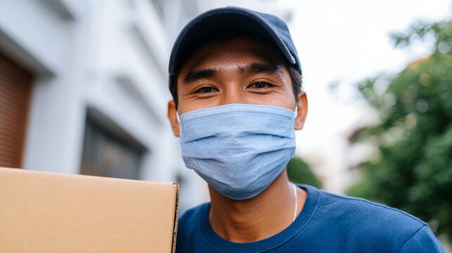Man wearing blue mask holding box.
