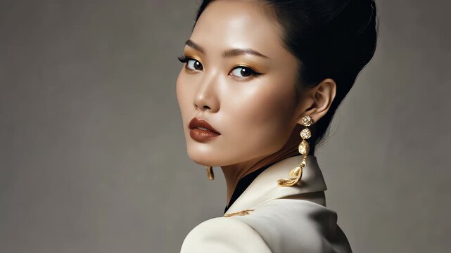 Elegant model showcasing high fashion in a sophisticated studio setting with dramatic lighting