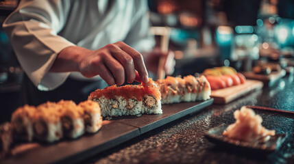 Naklejka premium Chef preparing sushi rolls with precision on a dark counter in a restaurant setting indoors