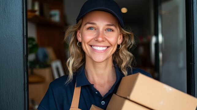 Woman holding box smiling - Powered by Adobe
