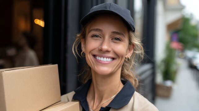 Woman holding boxes, smiling.