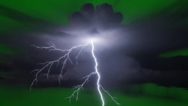 Dramatic dark storm clouds dynamically forming and swirling against a vibrant green screen, perfect for intense weather effects and compositing.