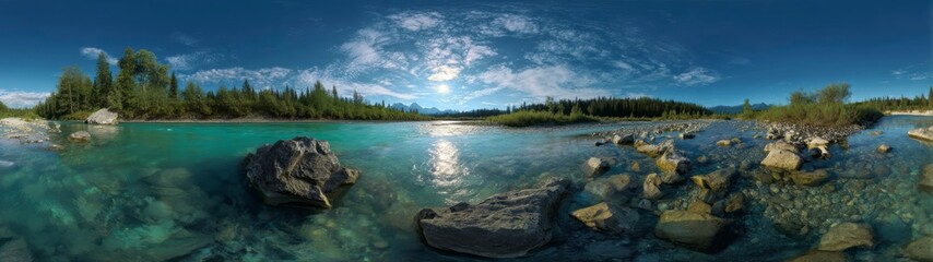 Stunning hdr panoramic view of shallow turquoise river scene in nature