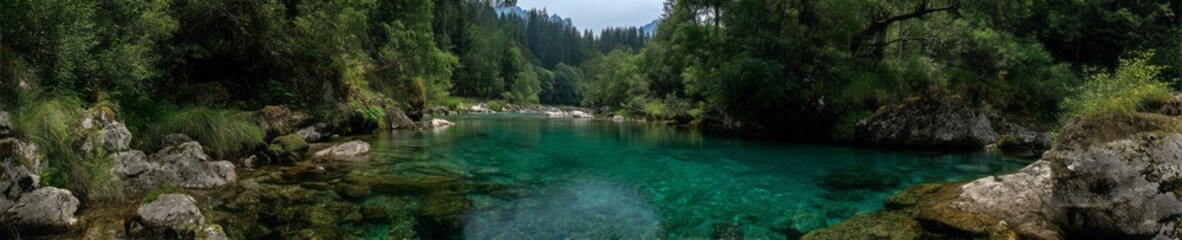 Shallow turquoise river scene nature hdr panoramic view lush forest 360-degree landscape