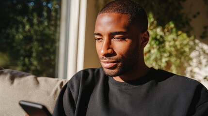 Man sitting on couch looking at phone.