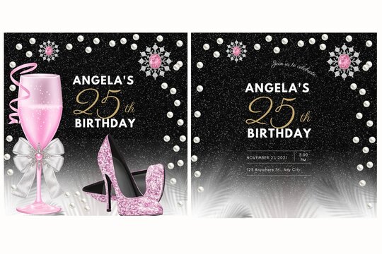 Elegant pink birthday invitation featuring glitter high heels, champagne glass, pearls, and silver bow. Perfect glamorous card for sweet sixteen, 18th, 21st birthdays, and luxury parties.
