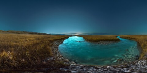 Exported hdr 360-degree panoramic scene of a shallow turquoise river at night