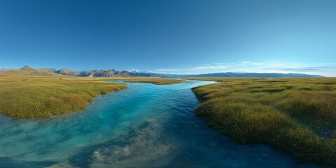 Stunning hdr panoramic view of turquoise shallow river in nature's landscape