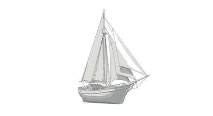 Classic two-masted sailboat with full sails, a detailed grayscale vector illustration.