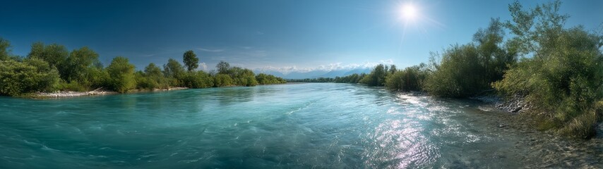 Exported hdr panoramic scene of shallow turquoise river nature 360-degree view tranquil environment