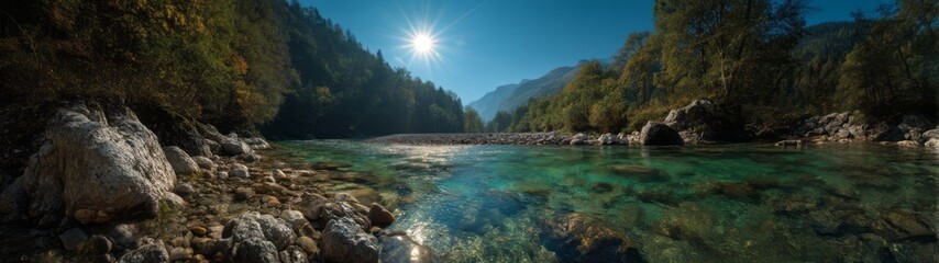Exported hdr 360-degree panoramic scene of shallow turquoise river nature daytime scenic view