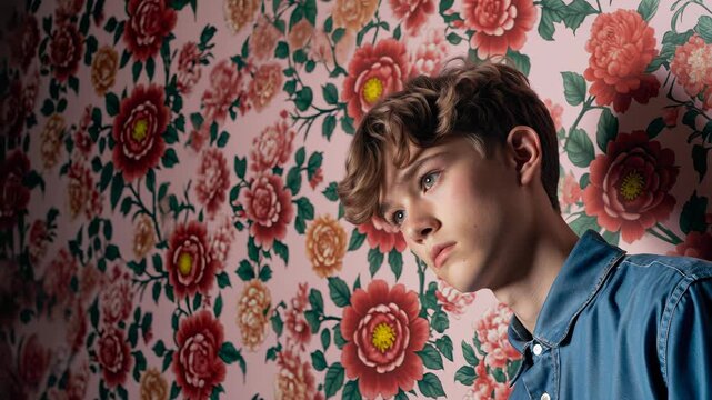 Youth with curly hair poses against floral wallpaper in a modern indoor setting showcasing contemporary style