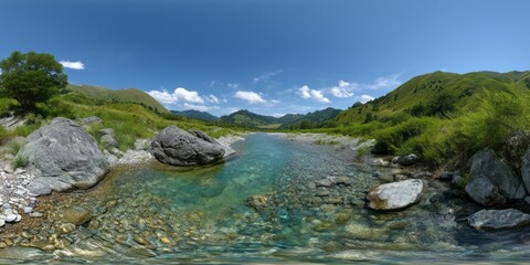 Exported hdr panoramic scene of shallow turquoise river nature landscape 360-degree view